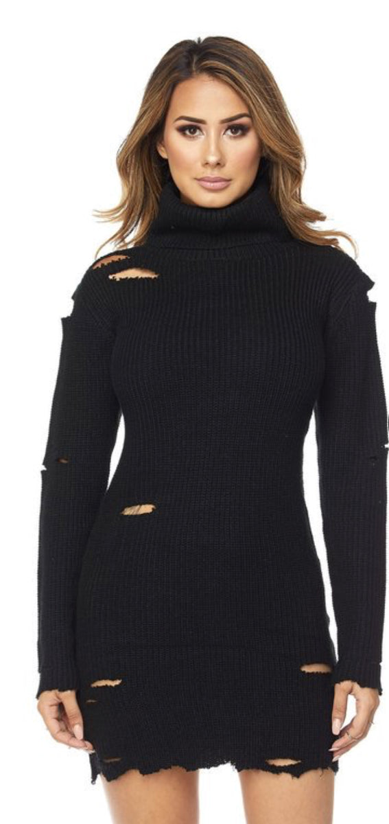 Distressed Sweater Dress | Black Distressed Sweater Dress | Black