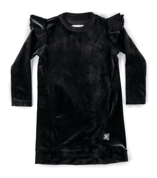 Nununu Velvet Ruffled Sleeve Dress Black GREEN HEARTS PINK