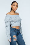 Off the Shoulder Fringe Crop Top - Green Hearts Pink