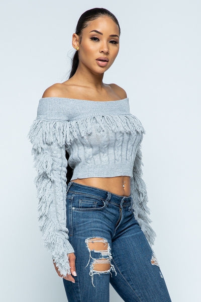 Off the Shoulder Fringe Crop Top - Green Hearts Pink