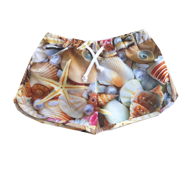 Romey Loves Lulu Swim Trunks | Seashells - Green Hearts Pink