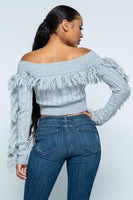 Off the Shoulder Fringe Crop Top - Green Hearts Pink