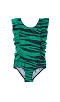 Mini Rodini Tiger Ruffled Swimsuit | Green - Green Hearts Pink