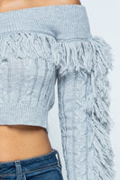 Off the Shoulder Fringe Crop Top - Green Hearts Pink