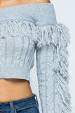 Off the Shoulder Fringe Crop Top - Green Hearts Pink