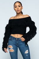 Off the Shoulder Fringe Crop Top - Green Hearts Pink