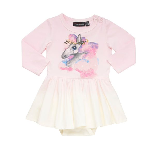 Rock Your Baby LS Waited Dress | Rainbow Brumby - Green Hearts Pink