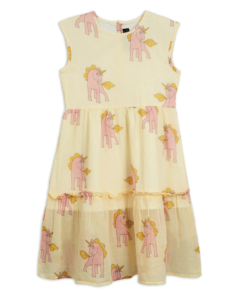 Mini Rodini Unicorn Woven Long Dress | Yellow GREEN HEARTS PINK Mini Rodini Unicorn Woven Long Dress | Yellow GREEN HEARTS PINK