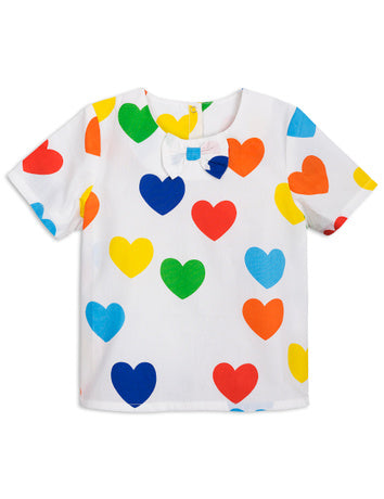 Mini Rodini Rainbow Love Woven Top | Off White - Green Hearts Pink